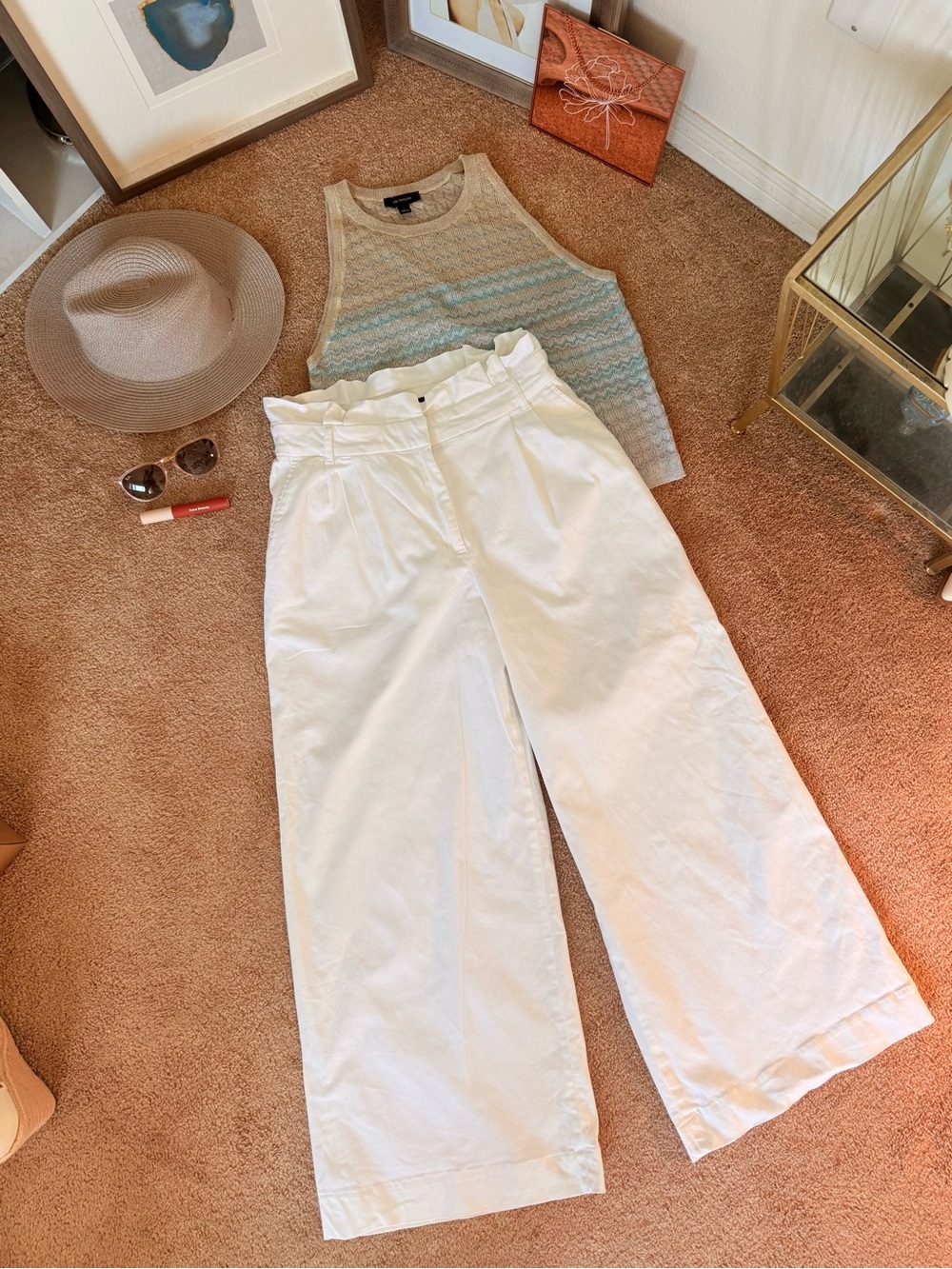 Express White Paperbag-Waist Wide-Leg Pants